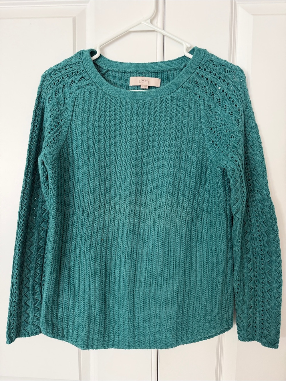 LOFT Teal Crewneck Knit Sweater with Lace-Style Sleeves